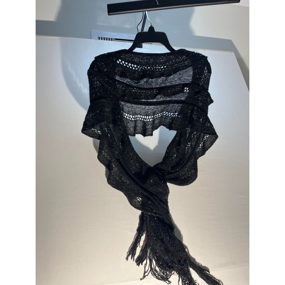 Black/Gold Crocheted Ruffled Scarf Wrap Fringed Open Weave